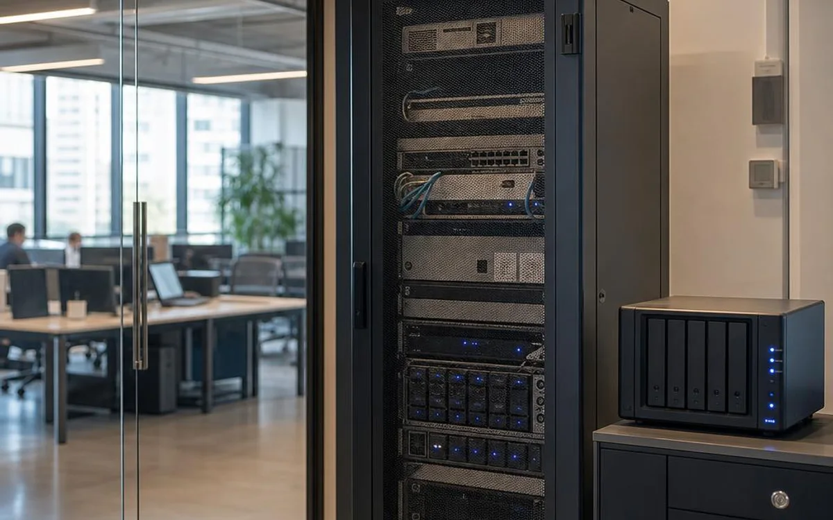 Server and NAS storage equipment in a glass-walled engineering office IT room
