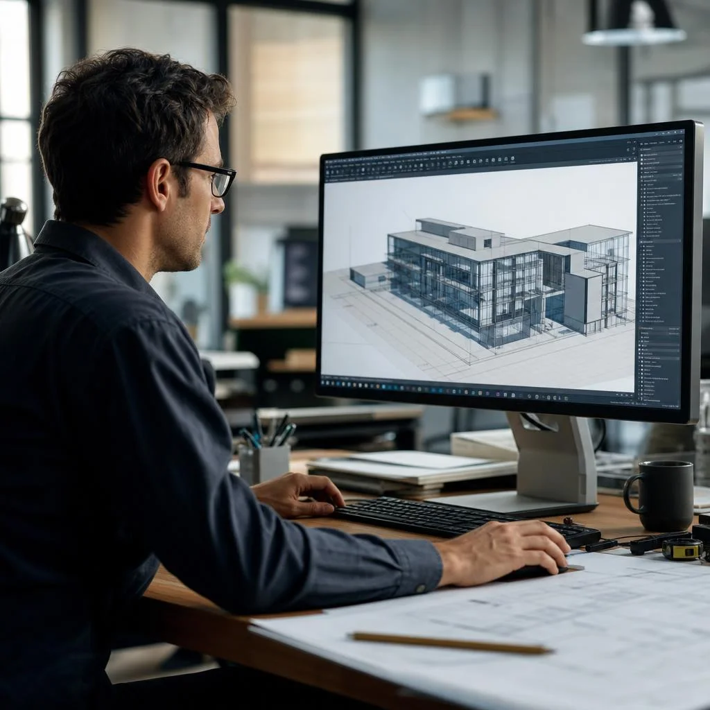 Engineering workstation showing a detailed digital project model