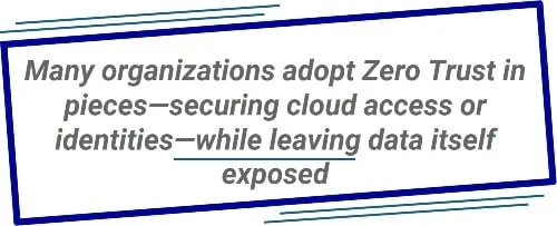 Many organizations adopt Zero Trust in pieces—securing cloud access or identities—while leaving data itself exposed