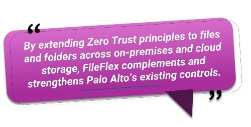 By extending Zero Trust principles to files and folders across on-premises and cloud storage, FileFlex complements and strengthens Palo Alto’s existing controls.