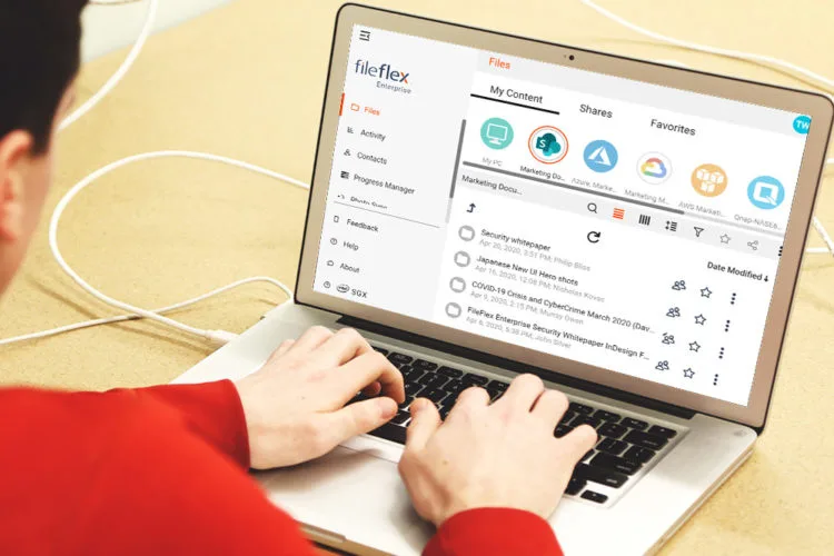 FileFlex Enterprise interface displaying connected data repositories on a laptop