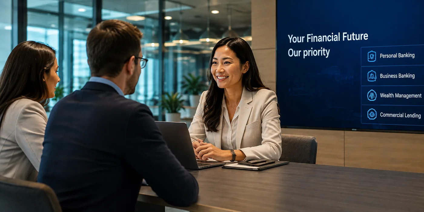 Financial professionals collaborating with clients in a regulated banking environment