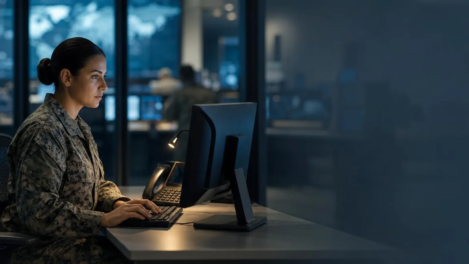 Military professional accessing information at a secure government workstation