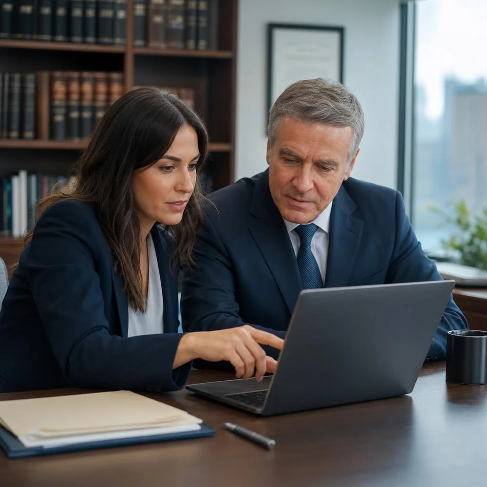Law firm professionals reviewing document access together on a laptop