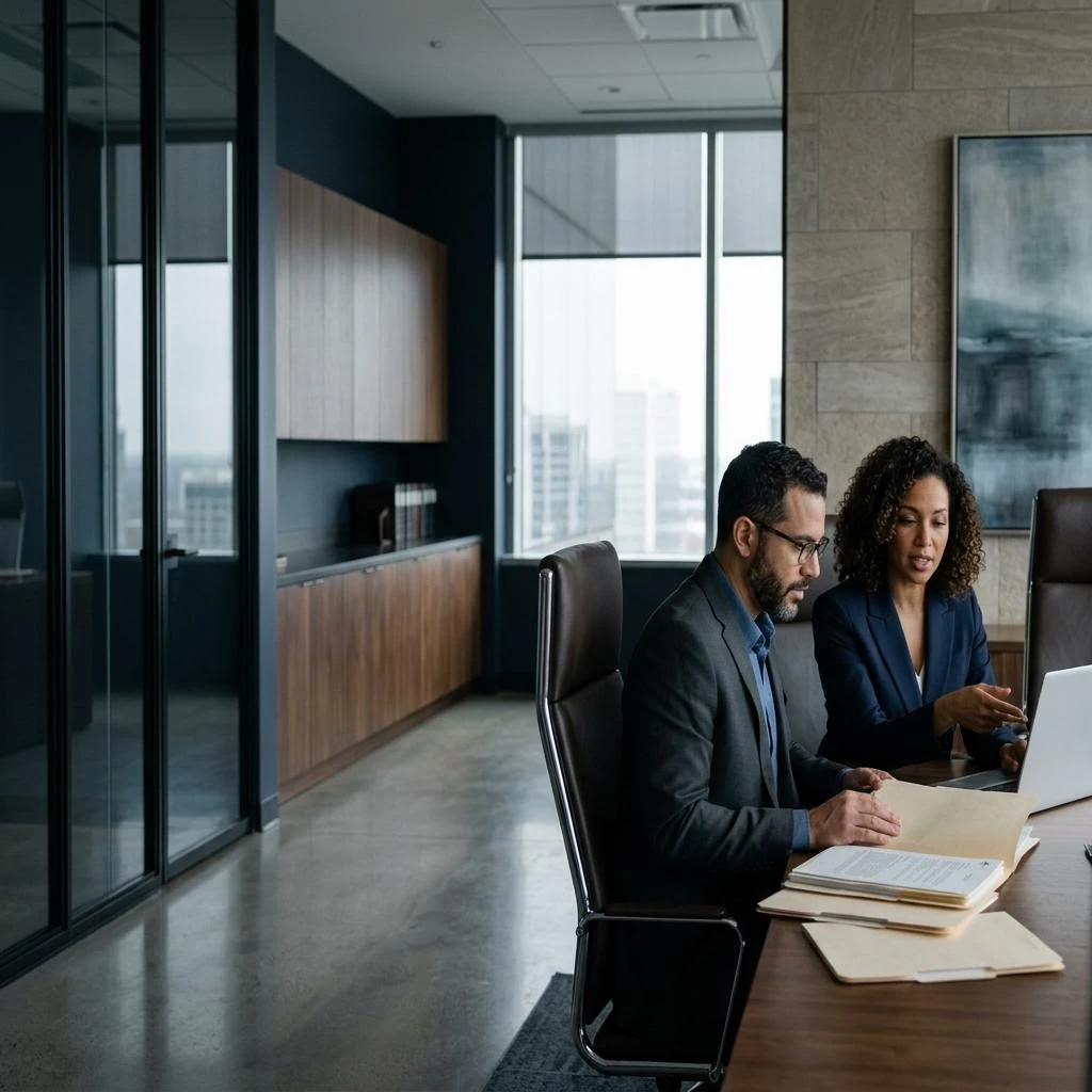 Legal team collaborating in a modern office