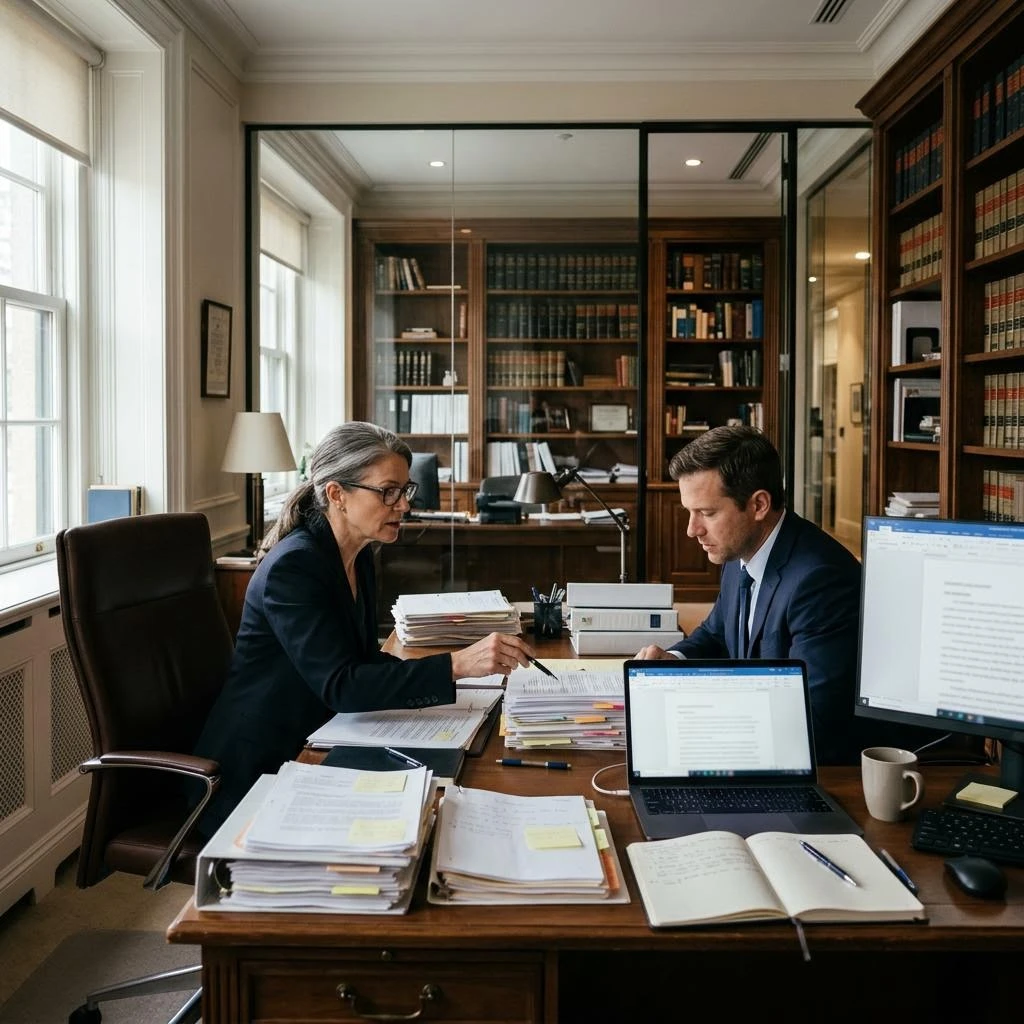 Legal team working with documents in an established law office